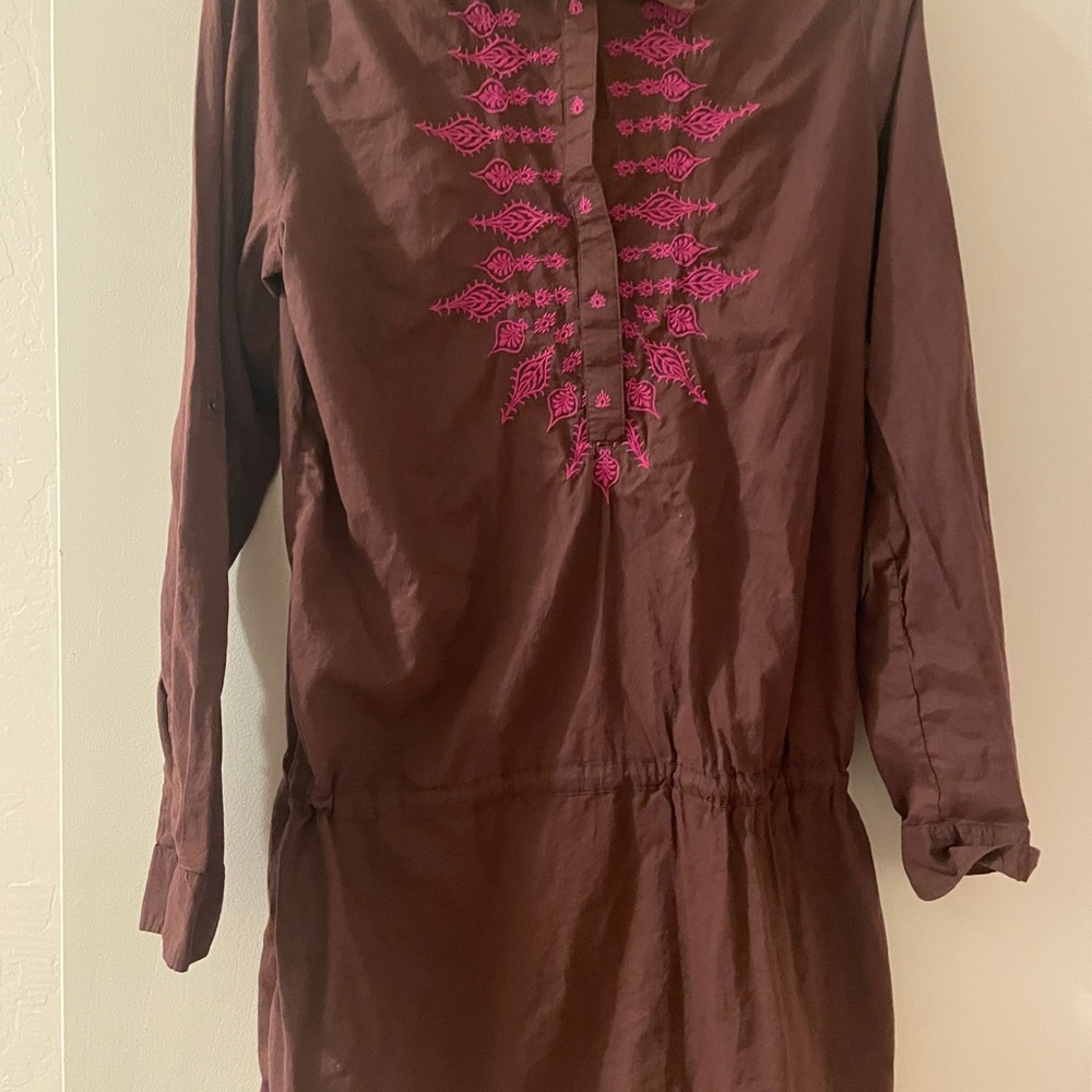 Long sleeve Brown cotton cover up  shirt with hot Pink Embroidery